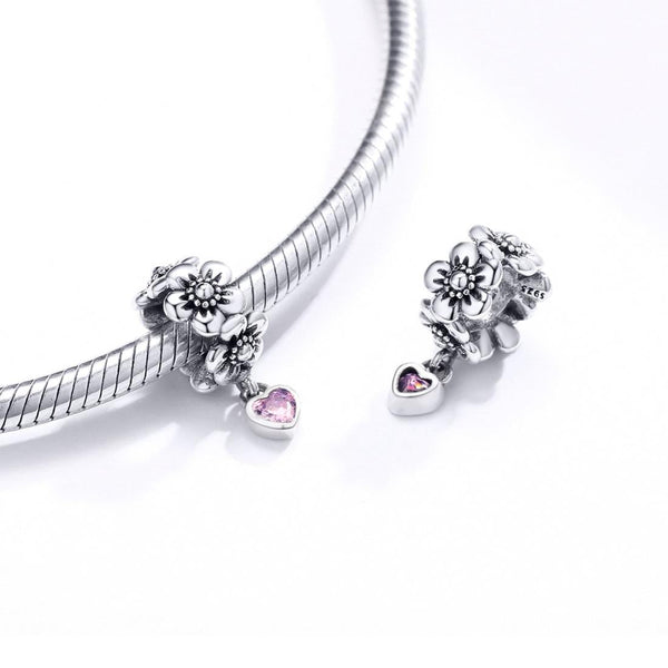 Flowers Heart Sterling Silver Bead Charm Bracelet Necklace Pendant