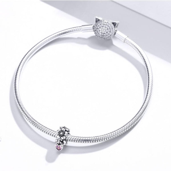 Flowers Heart Sterling Silver Bead Charm Bracelet Necklace Pendant