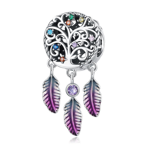 Tree OF Life Dreamcatcher Enamel Sterling Silver CZ Bead Charm Bracelet Necklace