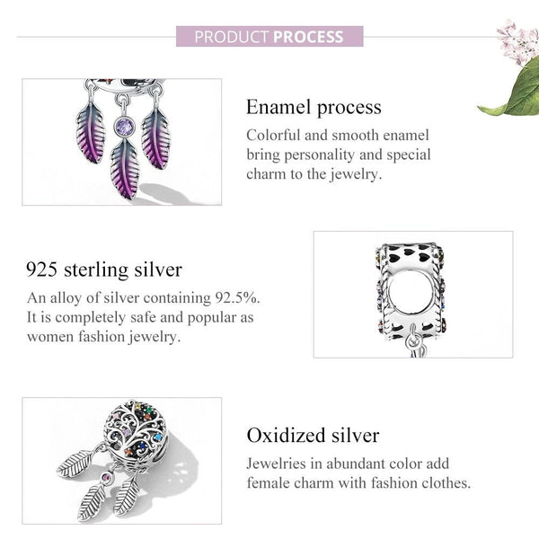 Tree OF Life Dreamcatcher Enamel Sterling Silver CZ Bead Charm Bracelet Necklace