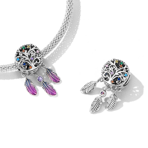 Tree OF Life Dreamcatcher Enamel Sterling Silver CZ Bead Charm Bracelet Necklace