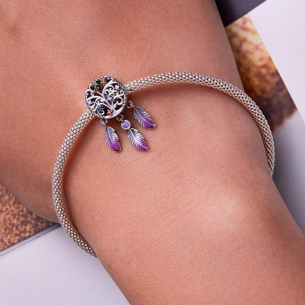 Tree OF Life Dreamcatcher Enamel Sterling Silver CZ Bead Charm Bracelet Necklace