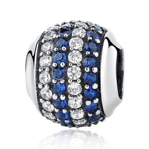 Pave Blue Clear Crystal CZ Sterling Silver Round Spacer Bead Charm Bracelet