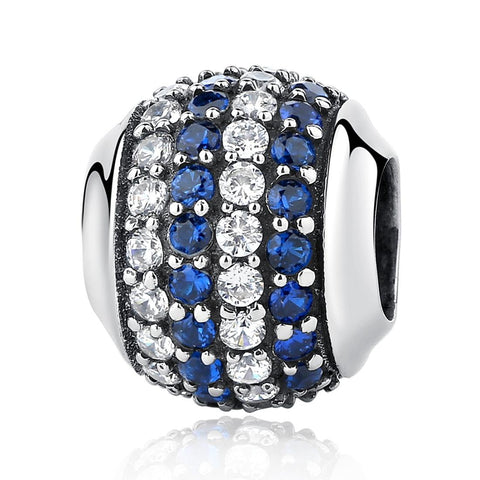 Pave Blue Clear Crystal CZ Sterling Silver Round Spacer Bead Charm Bracelet