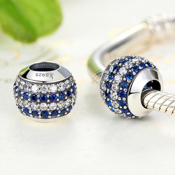 Pave Blue Clear Crystal CZ Sterling Silver Round Spacer Bead Charm Bracelet