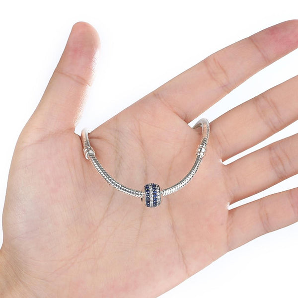 Pave Blue Clear Crystal CZ Sterling Silver Round Spacer Bead Charm Bracelet