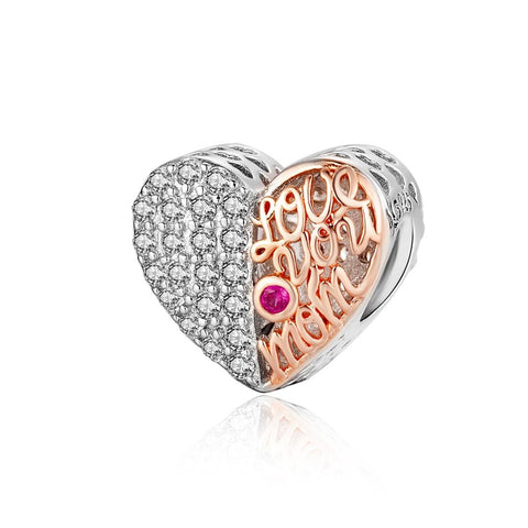 Love You Mom Rose Gold Plated Sterling Silver Zircon CZ Bead Charm Bracelet Necklace