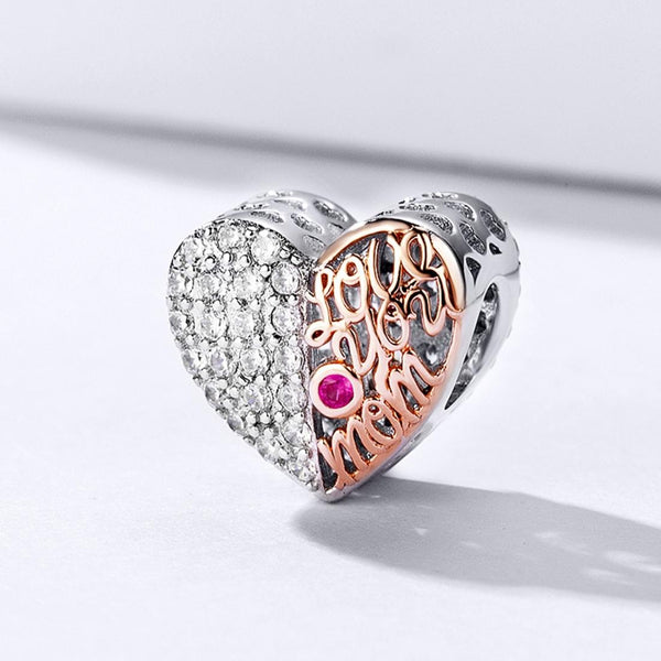 Love You Mom Rose Gold Plated Sterling Silver Zircon CZ Bead Charm Bracelet Necklace