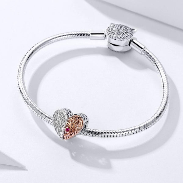 Love You Mom Rose Gold Plated Sterling Silver Zircon CZ Bead Charm Bracelet Necklace