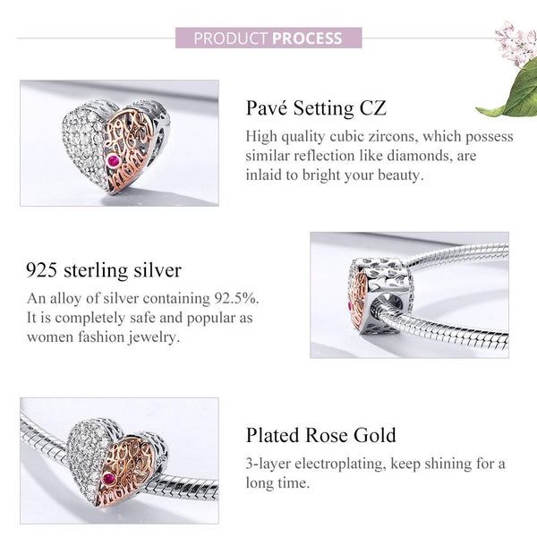 Love You Mom Rose Gold Plated Sterling Silver Zircon CZ Bead Charm Bracelet Necklace