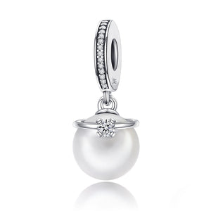 Faux Pearl CZ Zircon Sterling Silver Bead Charm Bracelet Necklace Pendant