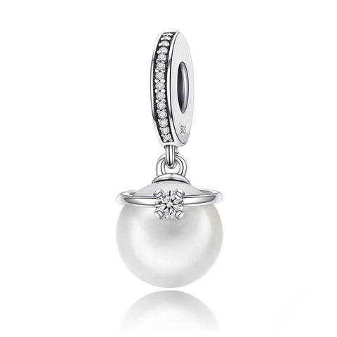 Faux Pearl CZ Zircon Sterling Silver Bead Charm Bracelet Necklace Pendant