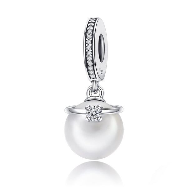 Faux Pearl CZ Zircon Sterling Silver Bead Charm Bracelet Necklace Pendant