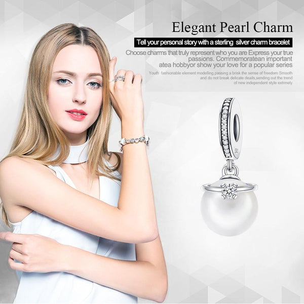 Faux Pearl CZ Zircon Sterling Silver Bead Charm Bracelet Necklace Pendant