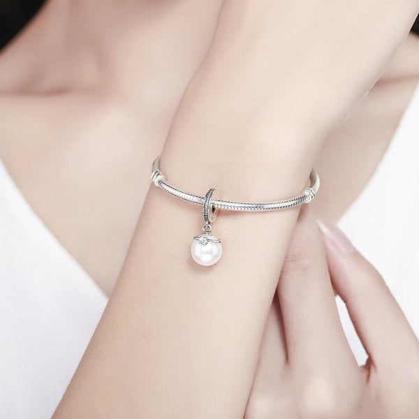 Faux Pearl CZ Zircon Sterling Silver Bead Charm Bracelet Necklace Pendant