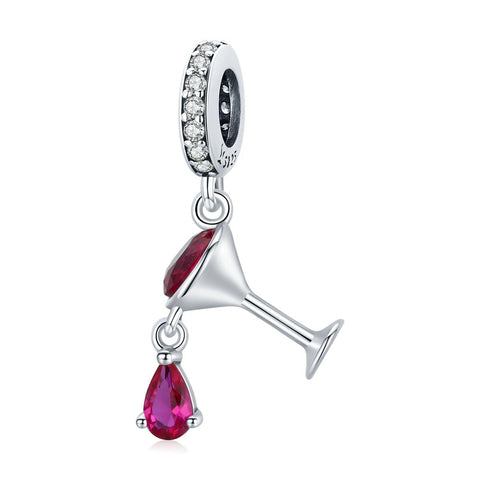 Red Wine Glass Sterling Silver Zircon CZ Bead Charm Bracelet Necklace