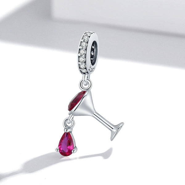 Red Wine Glass Sterling Silver Zircon CZ Bead Charm Bracelet Necklace