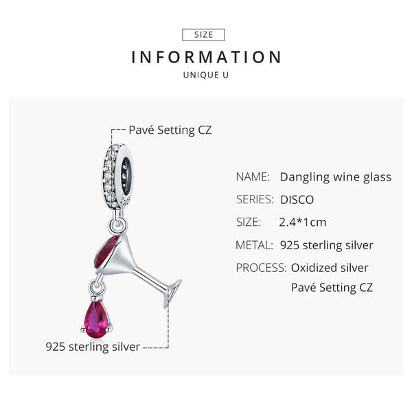 Red Wine Glass Sterling Silver Zircon CZ Bead Charm Bracelet Necklace