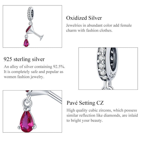 Red Wine Glass Sterling Silver Zircon CZ Bead Charm Bracelet Necklace
