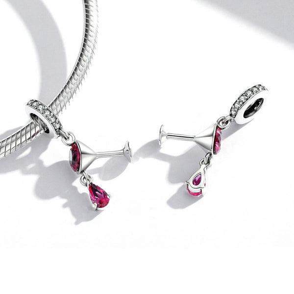 Red Wine Glass Sterling Silver Zircon CZ Bead Charm Bracelet Necklace