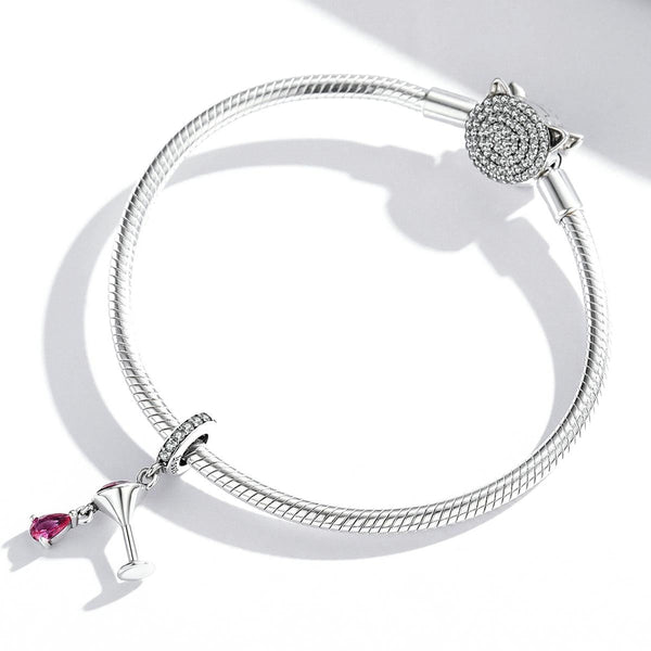 Red Wine Glass Sterling Silver Zircon CZ Bead Charm Bracelet Necklace
