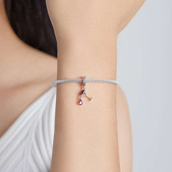Red Wine Glass Sterling Silver Zircon CZ Bead Charm Bracelet Necklace