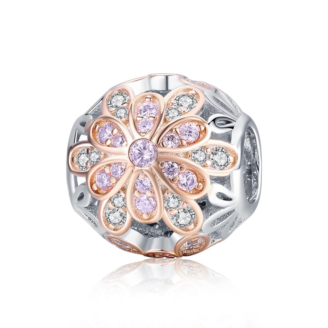 Flower Rose Gold Plated Sterling Silver CZ Spacer Bead Charm Bracelet Necklace