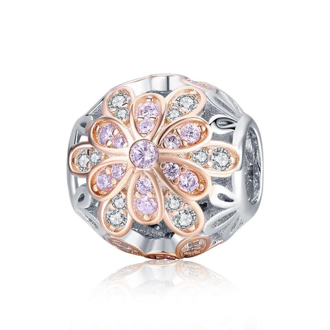 Flower Rose Gold Plated Sterling Silver CZ Spacer Bead Charm Bracelet Necklace
