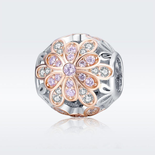 Flower Rose Gold Plated Sterling Silver CZ Spacer Bead Charm Bracelet Necklace
