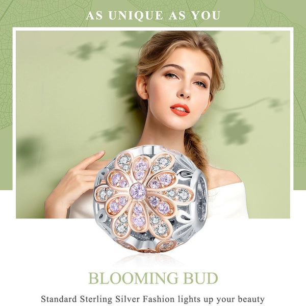 Flower Rose Gold Plated Sterling Silver CZ Spacer Bead Charm Bracelet Necklace