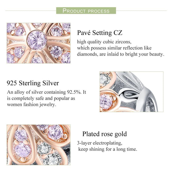 Flower Rose Gold Plated Sterling Silver CZ Spacer Bead Charm Bracelet Necklace
