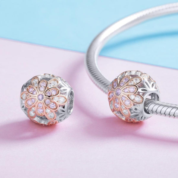 Flower Rose Gold Plated Sterling Silver CZ Spacer Bead Charm Bracelet Necklace