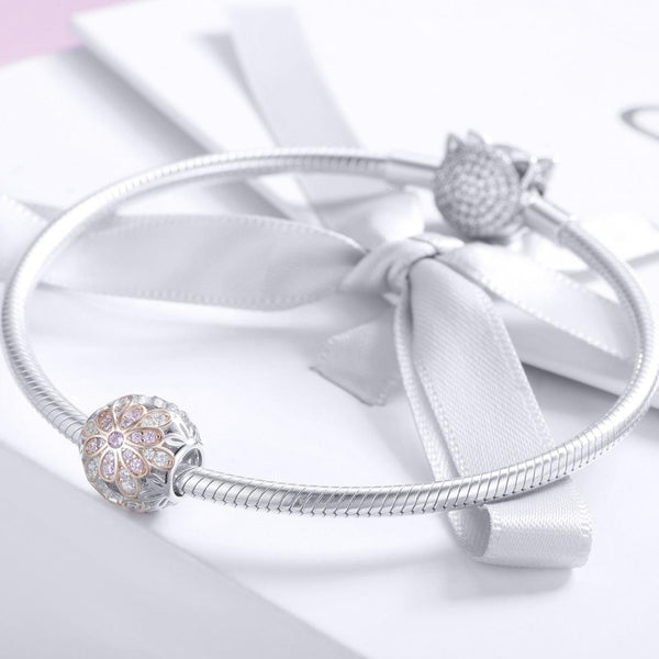 Flower Rose Gold Plated Sterling Silver CZ Spacer Bead Charm Bracelet Necklace