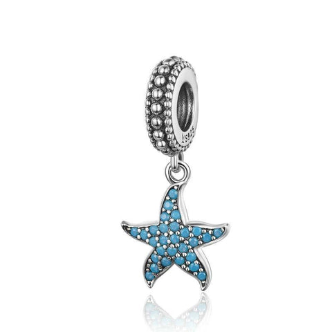 Blue Starfish Sterling Silver Zircon CZ Bead Charm Bracelet Necklace