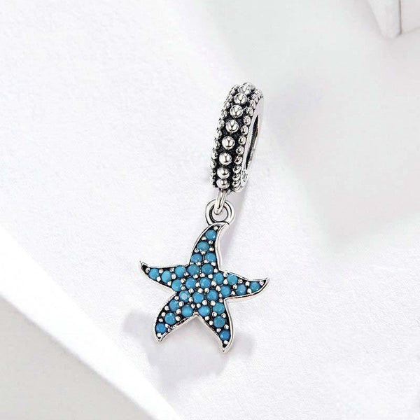Blue Starfish Sterling Silver Zircon CZ Bead Charm Bracelet Necklace