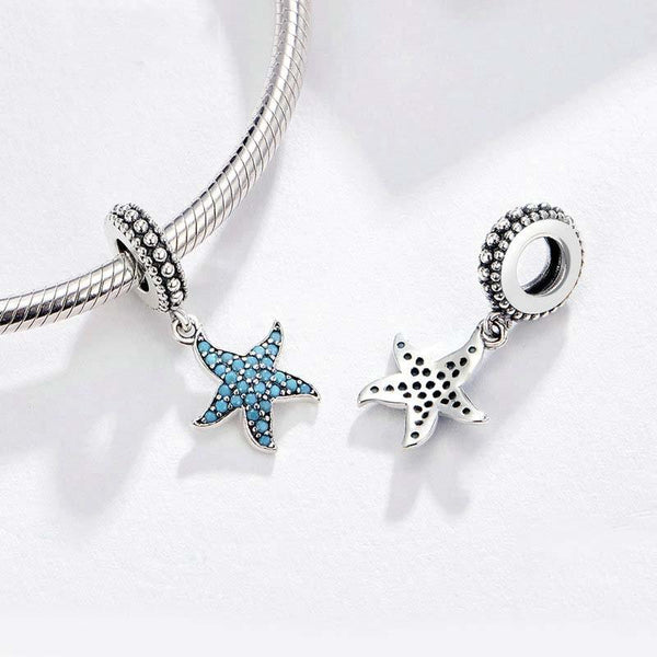 Blue Starfish Sterling Silver Zircon CZ Bead Charm Bracelet Necklace