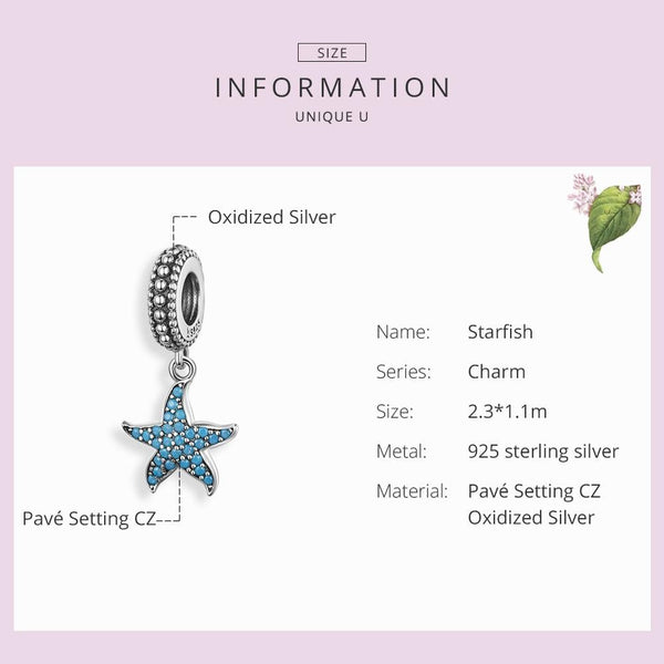 Blue Starfish Sterling Silver Zircon CZ Bead Charm Bracelet Necklace