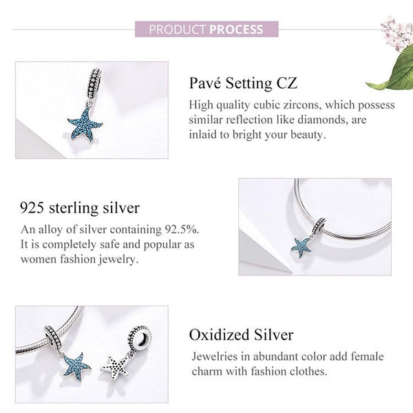Blue Starfish Sterling Silver Zircon CZ Bead Charm Bracelet Necklace