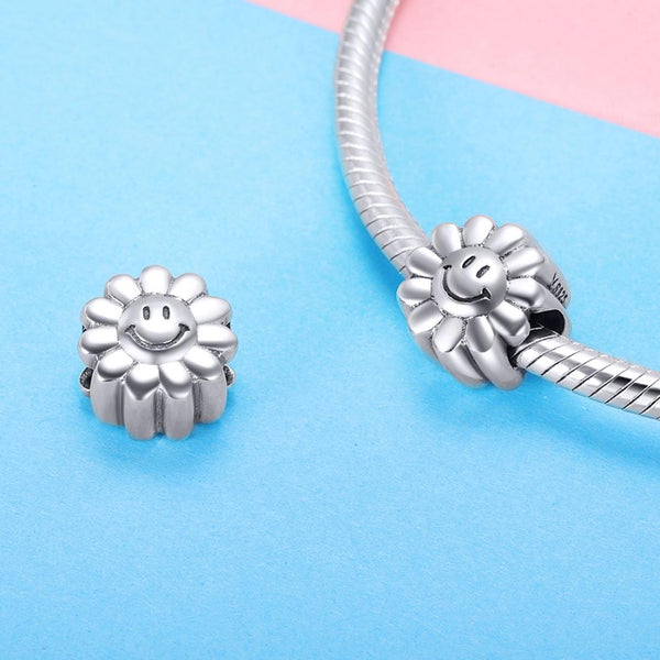 Smiley Flower Sterling Silver Bead Charm Bracelet Necklace Pendant