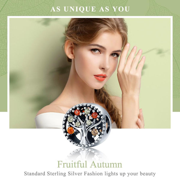 Autumn Tree Of Life Sterling Silver Zircon CZ Bead Charm Bracelet Necklace