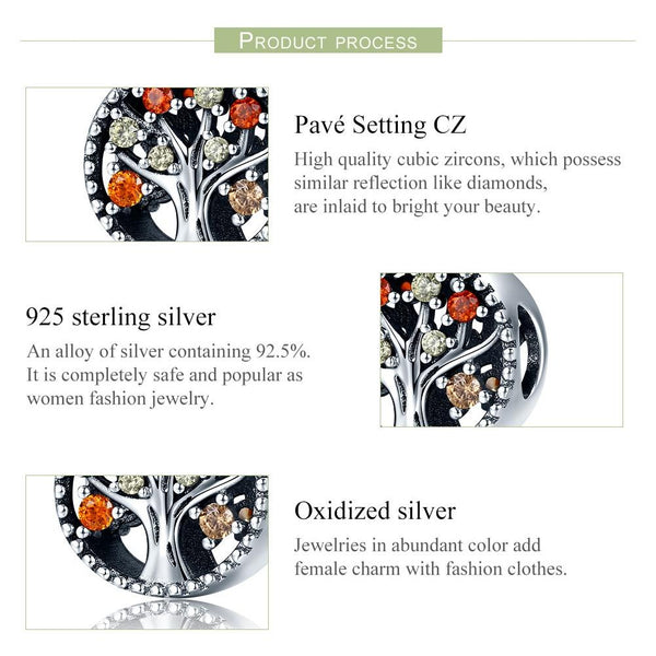 Autumn Tree Of Life Sterling Silver Zircon CZ Bead Charm Bracelet Necklace