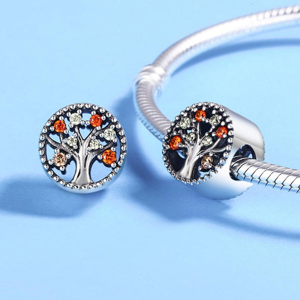 Autumn Tree Of Life Sterling Silver Zircon CZ Bead Charm Bracelet Necklace