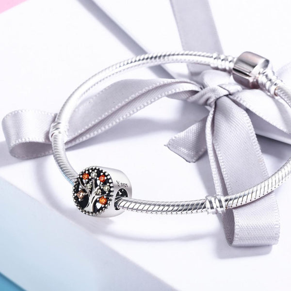 Autumn Tree Of Life Sterling Silver Zircon CZ Bead Charm Bracelet Necklace
