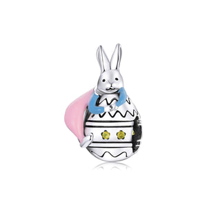 Easter Bunny Enamel Sterling Silver CZ Bead Charm Pendant Bracelet Necklace