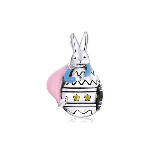 Easter Bunny Enamel Sterling Silver CZ Bead Charm Pendant Bracelet Necklace