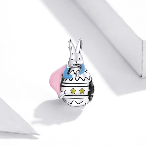 Easter Bunny Enamel Sterling Silver CZ Bead Charm Pendant Bracelet Necklace