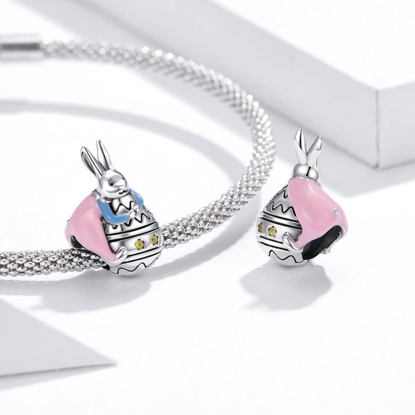 Easter Bunny Enamel Sterling Silver CZ Bead Charm Pendant Bracelet Necklace