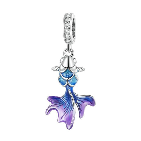 Blue Purple Fish Goldfish Enamel Sterling Silver Bead Charm Bracelet Necklace