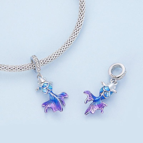 Blue Purple Fish Goldfish Enamel Sterling Silver Bead Charm Bracelet Necklace