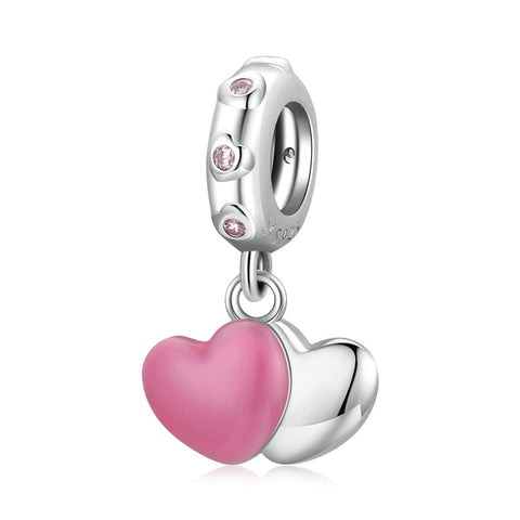 Double Love Hearts Enamel Sterling Silver CZ Bead Charm Pendant Bracelet Necklace